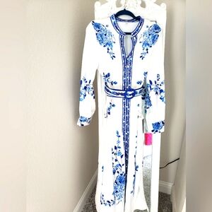 Elegant White and Blue Floral Maxi Dress